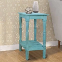 Antique Blue 29 in. Foldable Mango Wood Side Table with Slatted Bottom Shelf by Benjara -Cheap Benjara Store antique blue benjara end side tables bm07541 fa 1000