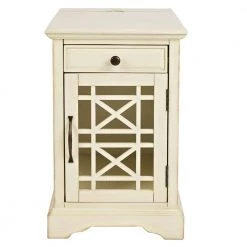 25 in. Antique Cream Wooden Chair side Table with Power Outlets by Benjara