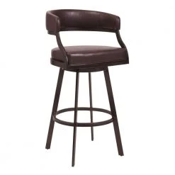 Ava 38 in. Auburn Brown Low Back Metal Frame Swivel Counter Stool with Faux Leather Seat by Benjara