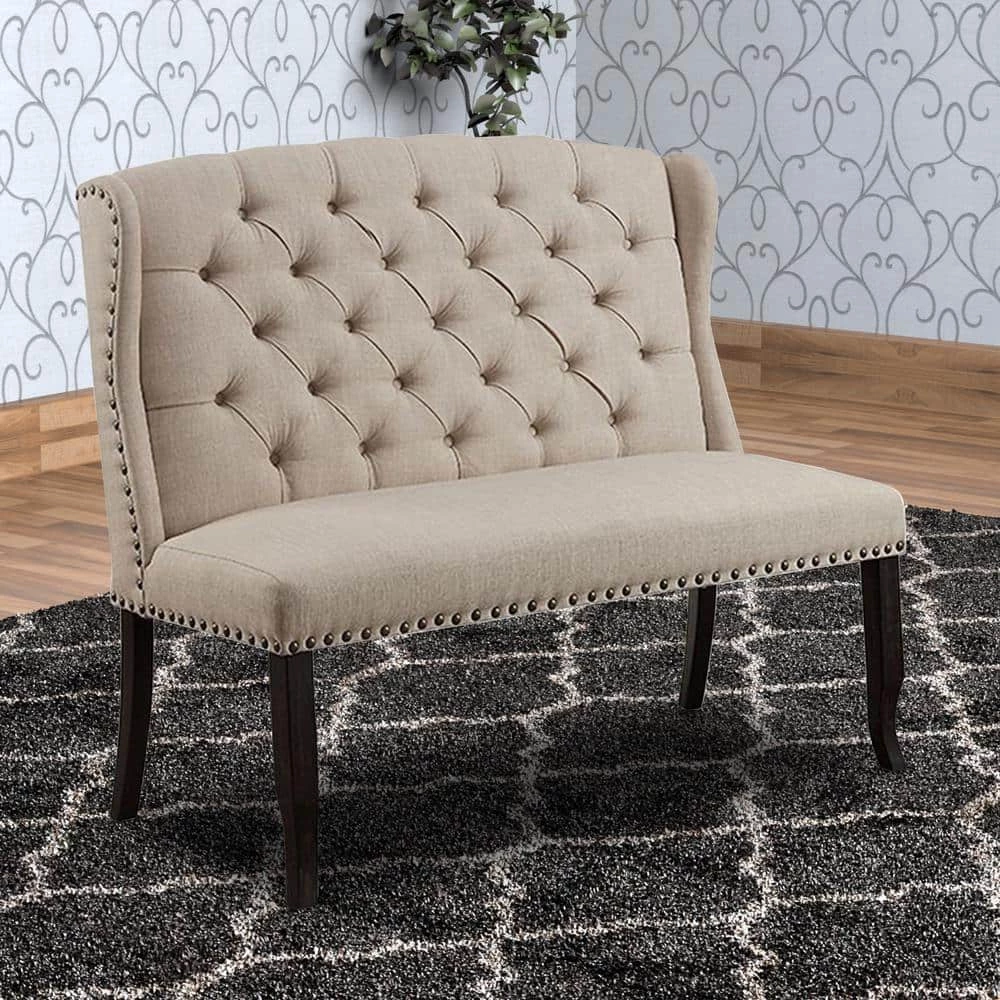 Beige and Black Fabric Upholstered Wing back Bench with Sturdy Wooden Legs 42" H x 48" W x 25" D by Benjara 7 Beige and Black Fabric Upholstered Wing back Bench with Sturdy Wooden Legs 42" H x 48" W x 25" D by Benjara - Image 7