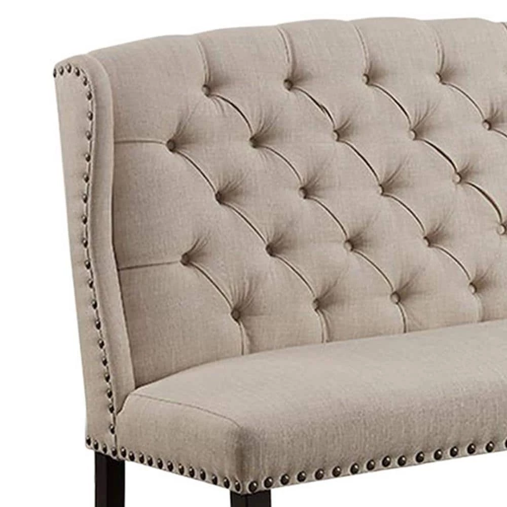 Beige and Black Fabric Upholstered Wing back Bench with Sturdy Wooden Legs 42" H x 48" W x 25" D by Benjara 4 Beige and Black Fabric Upholstered Wing back Bench with Sturdy Wooden Legs 42" H x 48" W x 25" D by Benjara - Image 4