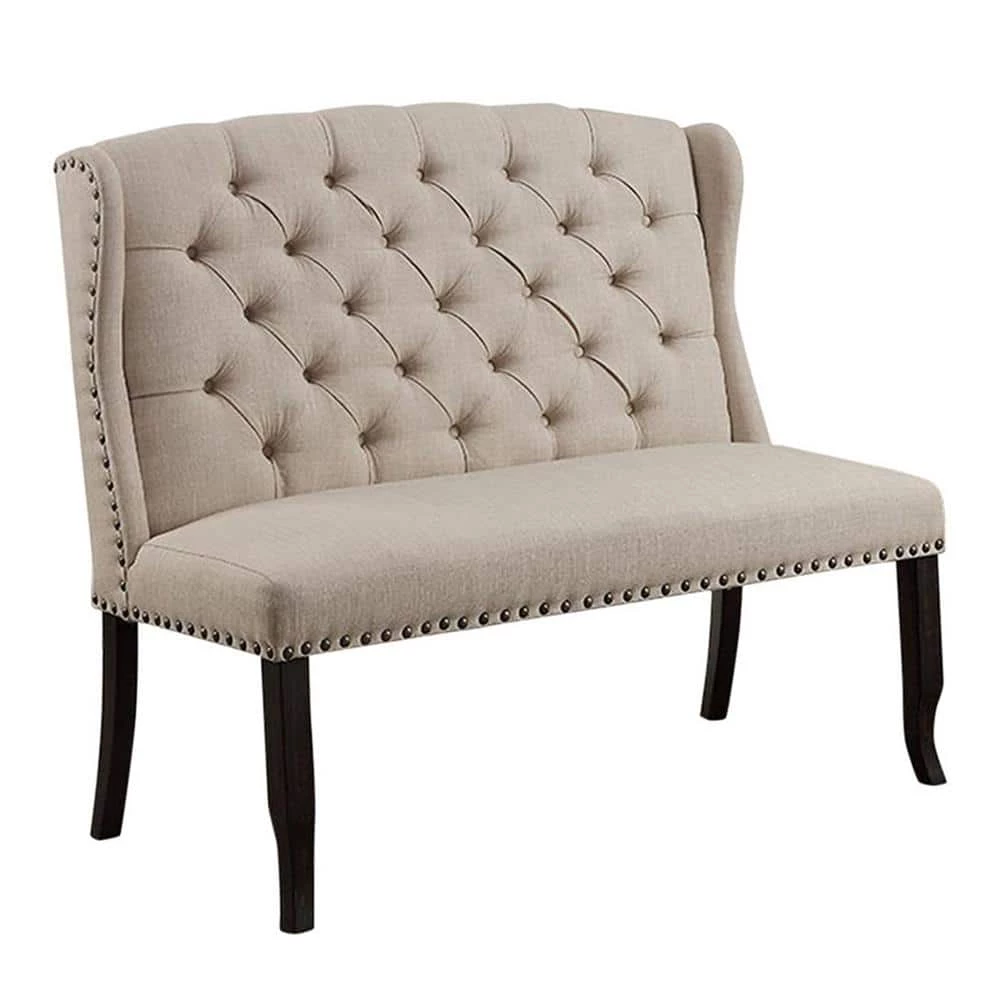 Beige and Black Fabric Upholstered Wing back Bench with Sturdy Wooden Legs 42" H x 48" W x 25" D by Benjara 1 Beige and Black Fabric Upholstered Wing back Bench with Sturdy Wooden Legs 42" H x 48" W x 25" D by Benjara