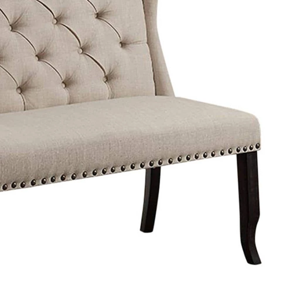 Beige and Black Fabric Upholstered Wing back Bench with Sturdy Wooden Legs 42" H x 48" W x 25" D by Benjara 3 Beige and Black Fabric Upholstered Wing back Bench with Sturdy Wooden Legs 42" H x 48" W x 25" D by Benjara - Image 3