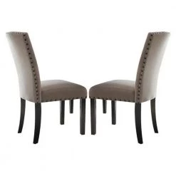 Nailhead Trim Beige and Brown Fabric Upholstered Wooden Side Chair (Set of 2) by Benjara