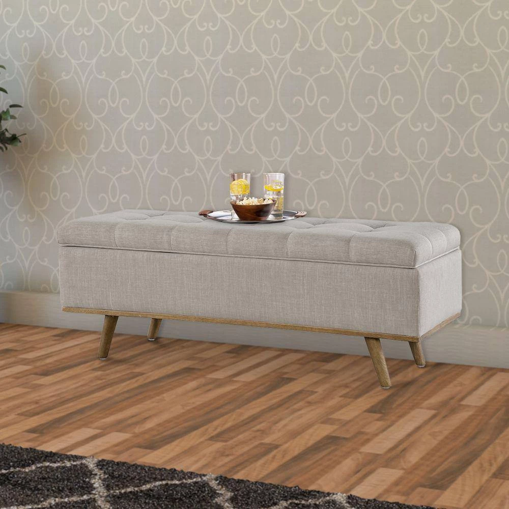 Beige and Brown Fabric Upholstered Wooden Storage Bench with Tufting Details 16 in. L x 46 in. W x 18 in. H by Benjara 3 Beige and Brown Fabric Upholstered Wooden Storage Bench with Tufting Details 16 in. L x 46 in. W x 18 in. H by Benjara - Image 3