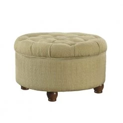 Beige and Brown Fabric Upholstered Wooden Ottoman with Tufted Lift Off Lid Storage by Benjara