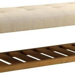 40 in. L x 16 in. W x 18 in. H Beige and Oak Wooden Bench by Benjara -Cheap Benjara Store beige and oak benjara bedroom benches bm158809 1f 1000