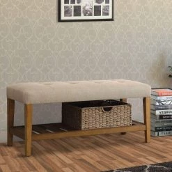 40 in. L x 16 in. W x 18 in. H Beige and Oak Wooden Bench by Benjara -Cheap Benjara Store beige and oak benjara bedroom benches bm158809 31 1000