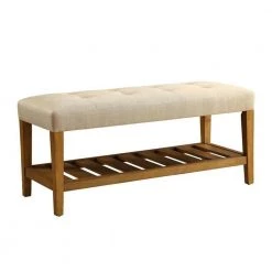 40 in. L x 16 in. W x 18 in. H Beige and Oak Wooden Bench by Benjara