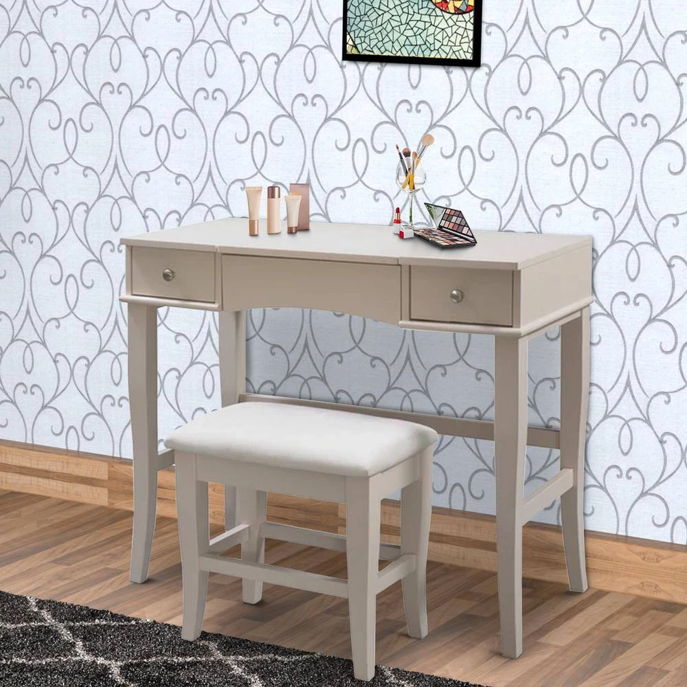 Beige and White Wooden Vanity Set with Flip Top Mirror and 2 Drawers 30 in. x 36 in. x 18 in. by Benjara 5 Beige and White Wooden Vanity Set with Flip Top Mirror and 2 Drawers 30 in. x 36 in. x 18 in. by Benjara - Image 5