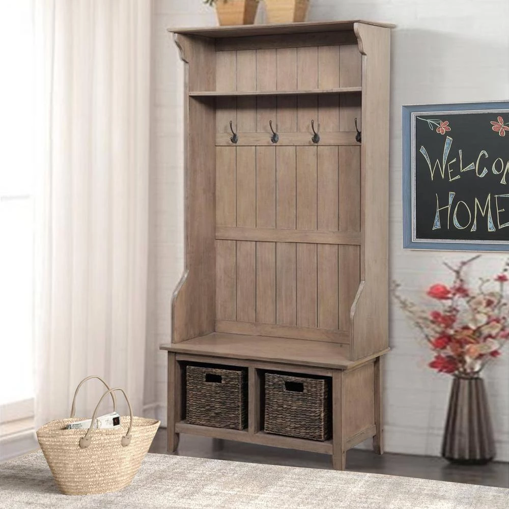 Beige Wooden Frame Hall Tree with 4-Hooks and 2-Open Compartments 37.25 in. L x 73.25 in. W x 17.75 in. H by Benjara 6 Beige Wooden Frame Hall Tree with 4-Hooks and 2-Open Compartments 37.25 in. L x 73.25 in. W x 17.75 in. H by Benjara - Image 6