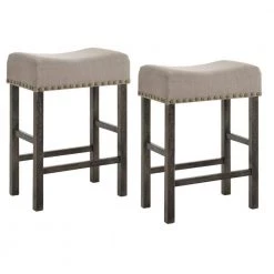 Beige and Gray Wooden Counter Height Stool 26.3 in. with Linen Upholstered Saddle Seat (Set of 2) by Benjara