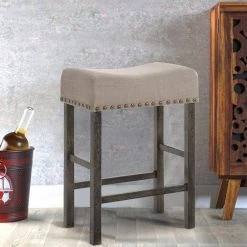 Beige and Gray Wooden Counter Height Stool 26.3 in. with Linen Upholstered Saddle Seat (Set of 2) by Benjara -Cheap Benjara Store beige gray benjara bar stools bm196677 fa 1000