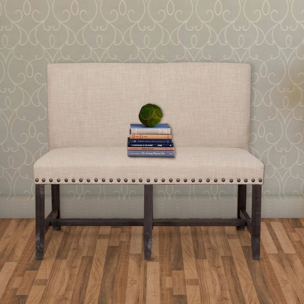 Black and Beige Fabric Upholstered Pine Wood Bench with Nail Head Trim 23" L x 49" W x 37" H by Benjara 8 Black and Beige Fabric Upholstered Pine Wood Bench with Nail Head Trim 23" L x 49" W x 37" H by Benjara - Image 8
