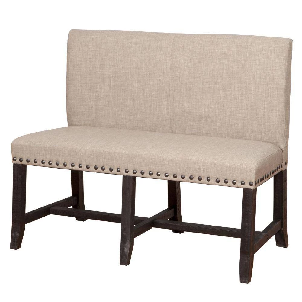 Black and Beige Fabric Upholstered Pine Wood Bench with Nail Head Trim 23" L x 49" W x 37" H by Benjara 3 Black and Beige Fabric Upholstered Pine Wood Bench with Nail Head Trim 23" L x 49" W x 37" H by Benjara - Image 3
