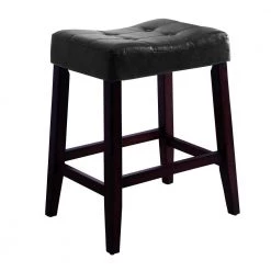 25.8 in. H Black and Brown Wooden Stools with Saddle Seat and Button Tufts (Set of 2) by Benjara