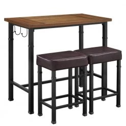 3-Piece Rectangle Wooden Top Black and Brown Pub Set with Hook Hangers by Benjara