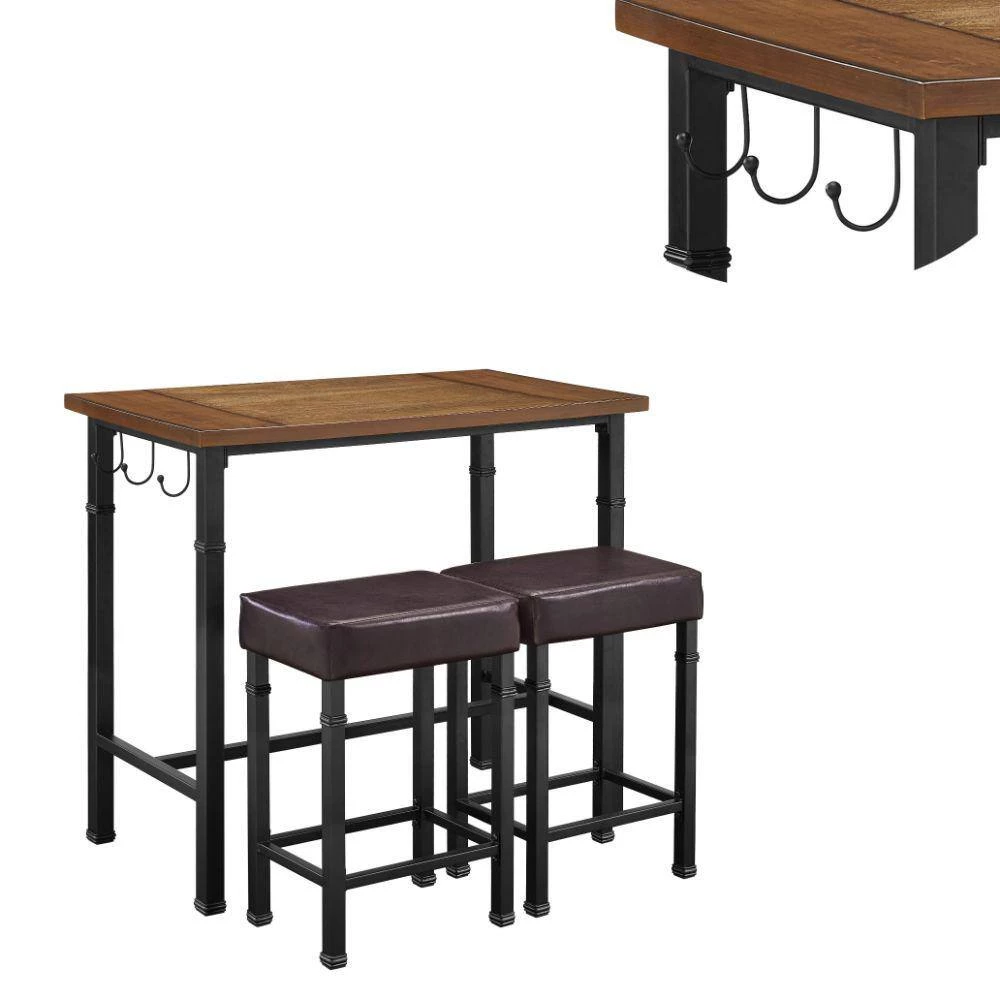3-Piece Rectangle Wooden Top Black and Brown Pub Set with Hook Hangers by Benjara 2 3-Piece Rectangle Wooden Top Black and Brown Pub Set with Hook Hangers by Benjara - Image 2