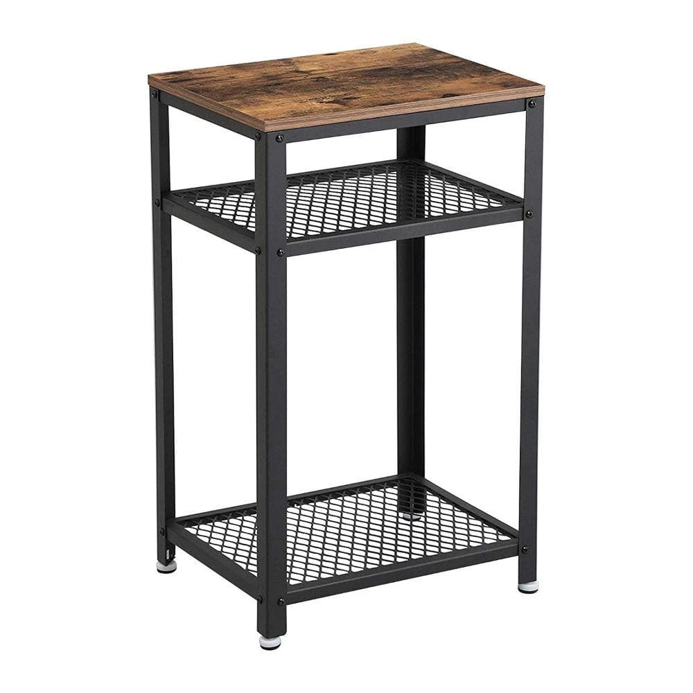 Industrial Style Black and Brown Iron and Wood Side Table with Two Tier Mesh Shelves by Benjara 1 Industrial Style Black and Brown Iron and Wood Side Table with Two Tier Mesh Shelves by Benjara