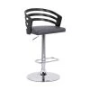 44 in. Black and Chrome Metal Framed Adjustable Barstool with Curved Open Low Wooden Back by Benjara