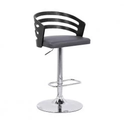 44 in. Black and Chrome Metal Framed Adjustable Barstool with Curved Open Low Wooden Back by Benjara