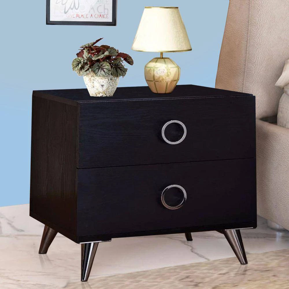 Contemporary Style 2- Drawer Black and Chrome Wooden Nightstand with Metal legs by Benjara 6 Contemporary Style 2- Drawer Black and Chrome Wooden Nightstand with Metal legs by Benjara - Image 6