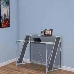 47.25 in. W Chrome and Black Glass Top Metal Frame Writing Desk with USB Docks by Benjara -Cheap Benjara Store black and chrome benjara writing desks bm229649 31 1000