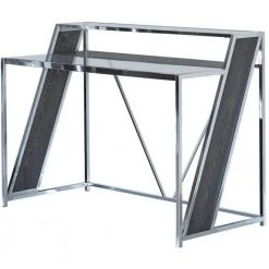 47.25 in. W Chrome and Black Glass Top Metal Frame Writing Desk with USB Docks by Benjara
