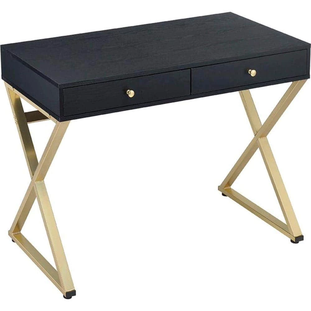 19 in. W Rectangular Black and Gold 2-Drawer Wooden Desk with "X" Shape Metal Legs by Benjara 1 19 in. W Rectangular Black and Gold 2-Drawer Wooden Desk with "X" Shape Metal Legs by Benjara