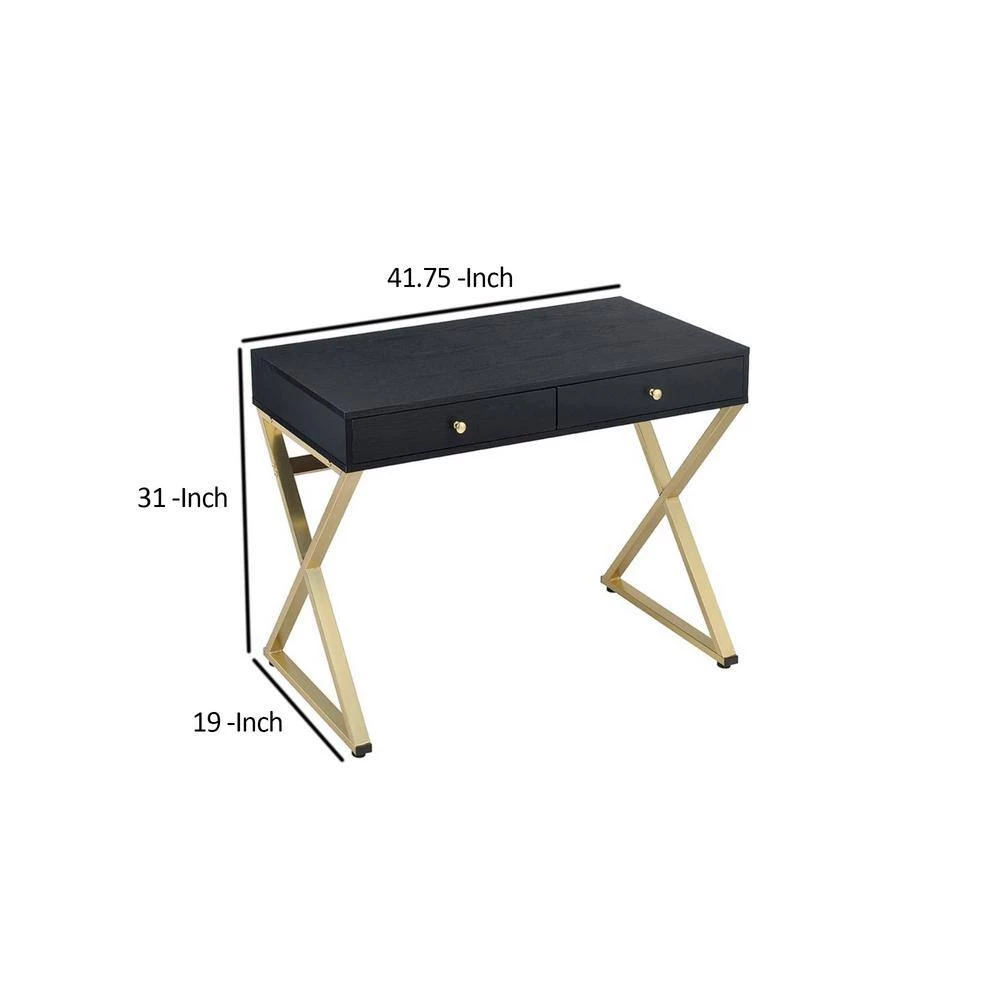 19 in. W Rectangular Black and Gold 2-Drawer Wooden Desk with "X" Shape Metal Legs by Benjara 2 19 in. W Rectangular Black and Gold 2-Drawer Wooden Desk with "X" Shape Metal Legs by Benjara - Image 2
