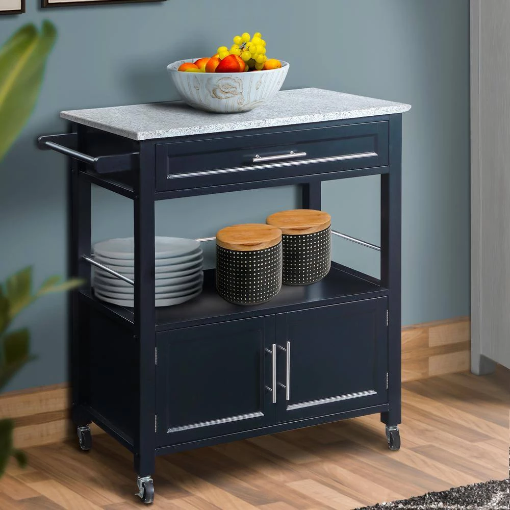 Black and Gray Spacious Wooden Kitchen Cart with Granite Inlaid Top by Benjara 6 Black and Gray Spacious Wooden Kitchen Cart with Granite Inlaid Top by Benjara - Image 6
