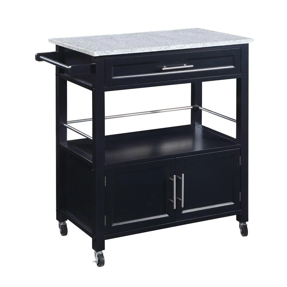 Black and Gray Spacious Wooden Kitchen Cart with Granite Inlaid Top by Benjara 1 Black and Gray Spacious Wooden Kitchen Cart with Granite Inlaid Top by Benjara