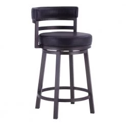 Eva 39 in. Black and Gray Low Back Metal Frame Swivel Bar Stool with Vegan Leather Seat by Benjara