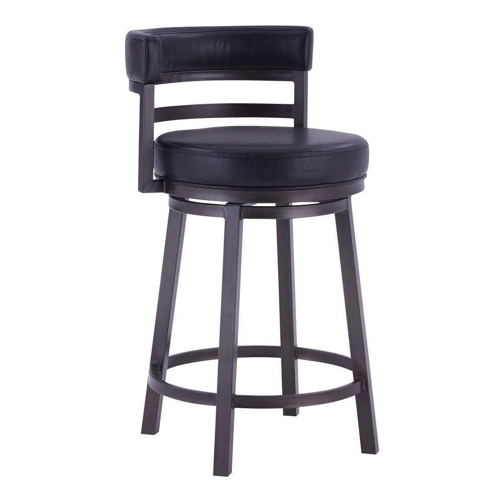 Eva 39 in. Black and Gray Low Back Metal Frame Swivel Bar Stool with Vegan Leather Seat by Benjara 1 Eva 39 in. Black and Gray Low Back Metal Frame Swivel Bar Stool with Vegan Leather Seat by Benjara