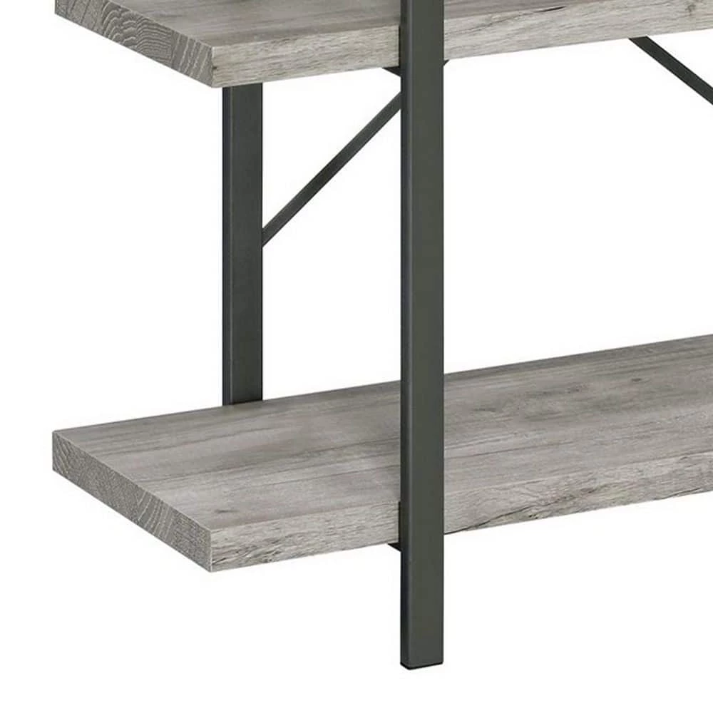 40 In. Light Gray 3 Shelves Wood Bookcase with Crossed Metal Design by Benjara 5 40 In. Light Gray 3 Shelves Wood Bookcase with Crossed Metal Design by Benjara - Image 5