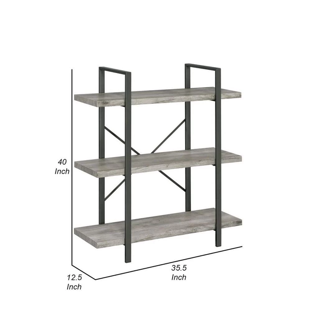 40 In. Light Gray 3 Shelves Wood Bookcase with Crossed Metal Design by Benjara 6 40 In. Light Gray 3 Shelves Wood Bookcase with Crossed Metal Design by Benjara - Image 6