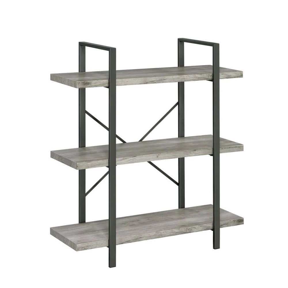 40 In. Light Gray 3 Shelves Wood Bookcase with Crossed Metal Design by Benjara 1 40 In. Light Gray 3 Shelves Wood Bookcase with Crossed Metal Design by Benjara