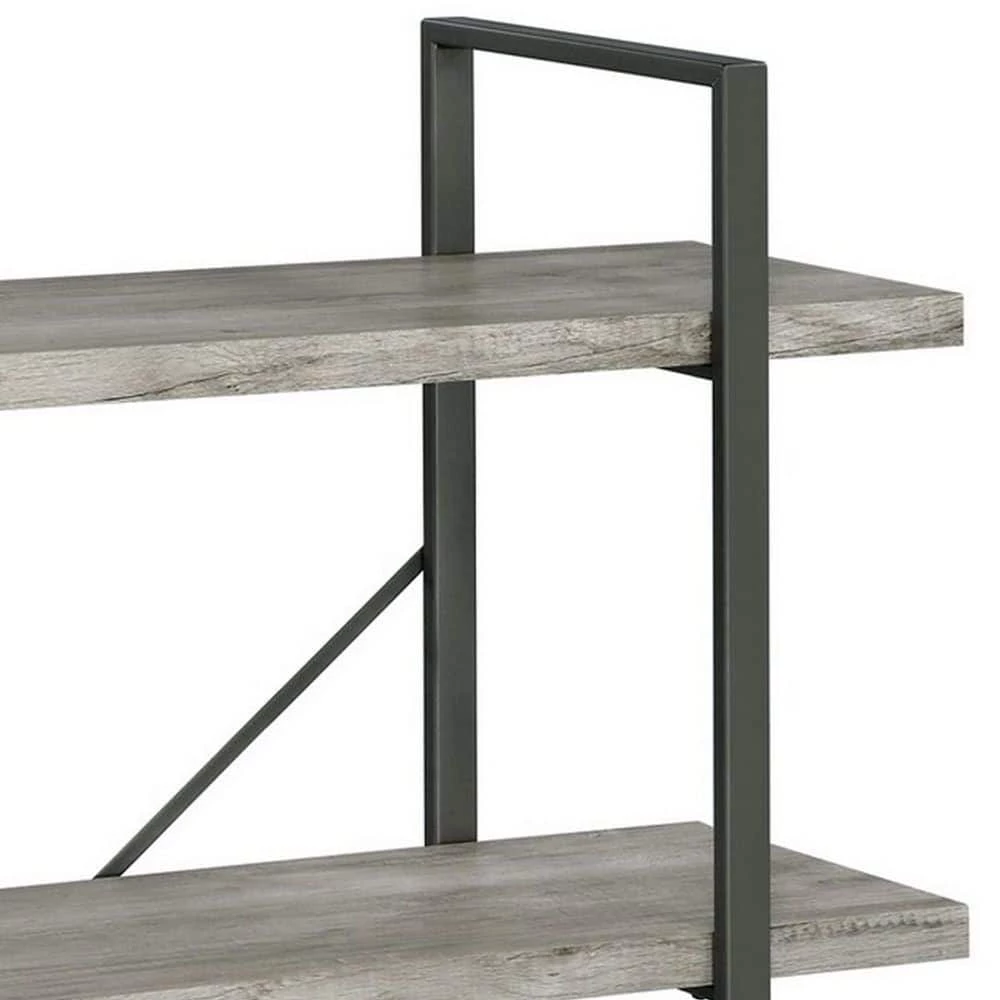 40 In. Light Gray 3 Shelves Wood Bookcase with Crossed Metal Design by Benjara 3 40 In. Light Gray 3 Shelves Wood Bookcase with Crossed Metal Design by Benjara - Image 3