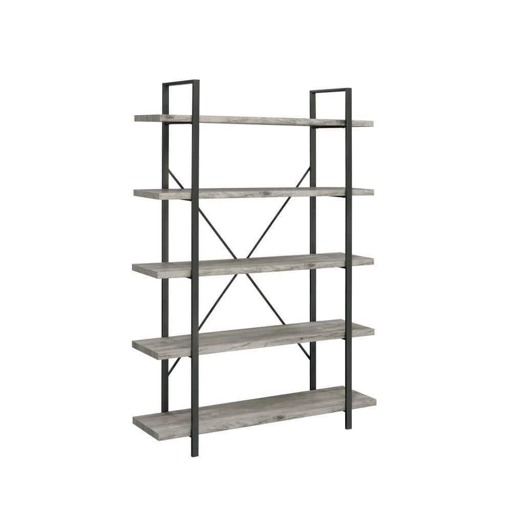 70 In. Light Gray 5 Shelves Wood Bookcase with Crossed Metal Design by Benjara 1 70 In. Light Gray 5 Shelves Wood Bookcase with Crossed Metal Design by Benjara