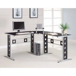 Captivating 59 in. L Shape Black Metal without Drawer Computer Desk with Silver Frame by Benjara -Cheap Benjara Store black and silver benjara computer desks bm156229 31 1000