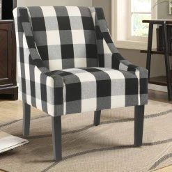 Black and White Fabric Upholstered Wooden Accent Chair with Buffalo Plaid Pattern by Benjara -Cheap Benjara Store black and white benjara accent chairs bm194045 66 1000