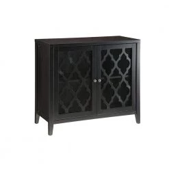 34 in. Black Wooden Storage Cabinet with with 2 Doors and Quatrefoil Design by Benjara