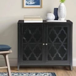 34 in. Black Wooden Storage Cabinet with with 2 Doors and Quatrefoil Design by Benjara -Cheap Benjara Store black benjara accent cabinets bm154273 fa 1000