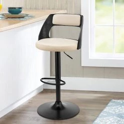 44 in. Black and Cream Metal Framed Adjustable Barstool with Open Design Wooden Back by Benjara -Cheap Benjara Store black benjara bar stools bm270025 31 1000