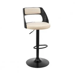 44 in. Black and Cream Metal Framed Adjustable Barstool with Open Design Wooden Back by Benjara