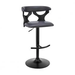43 in. Black Metal Framed Adjustable Barstool with Curved Cut Out Wooden Back by Benjara