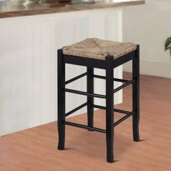 Chris 24 in. Black Counter Stool with Wood Frame Handwoven Rush Seat by Benjara -Cheap Benjara Store black benjara bar stools bm274267 fa 1000