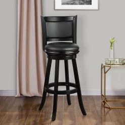 Pio 47 in. Black High Back Solid Wood Extra Tall Swivel Bar Stool with Faux Leather Seat by Benjara -Cheap Benjara Store black benjara bar stools bm274326 31 1000