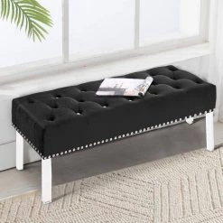 Black Velvet Upholstered Buttoned Bench 18.75 in. L x 49 in. W x 19 in. H by Benjara -Cheap Benjara Store black benjara bedroom benches bm272059 31 1000