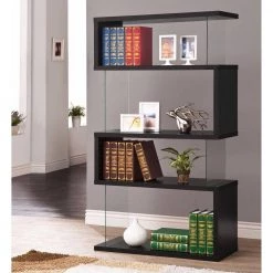 Asymmetrical 63 in. H Black Wooden 4 Shelf Snaking Bookcase by Benjara -Cheap Benjara Store black benjara bookcases bookshelves bm159055 31 1000